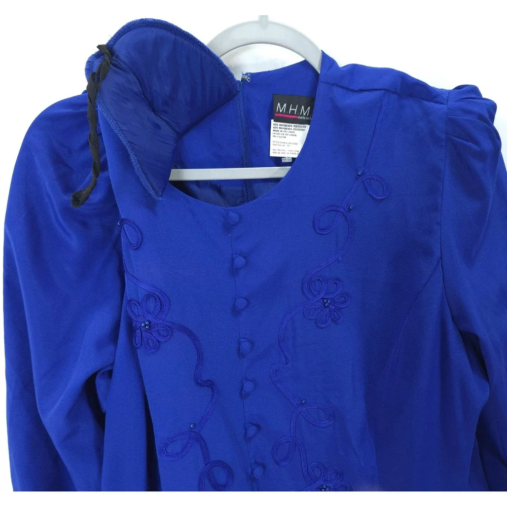 Royal Blue Embroidered Beaded‎ Dress Modest Vtg 90s Women 18 Church Mature